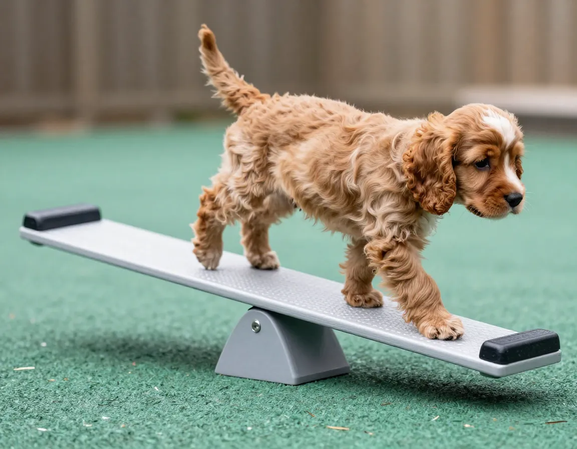 Puppy cautiously crossing a low puppy sized teeter totter