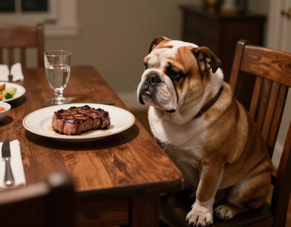A bulldog dog sitting upright at a dinner table intently watching a steak