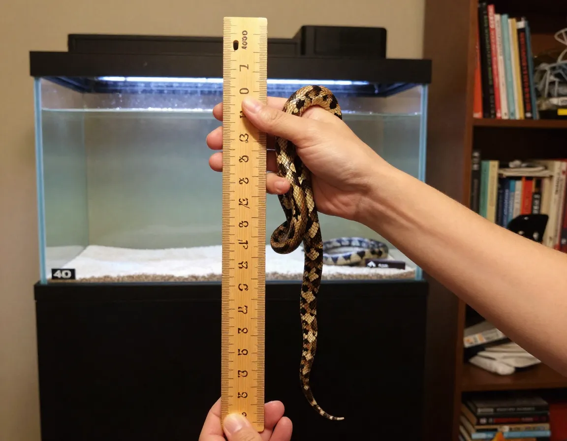 Adult milk snake sized against a ruler in home setting