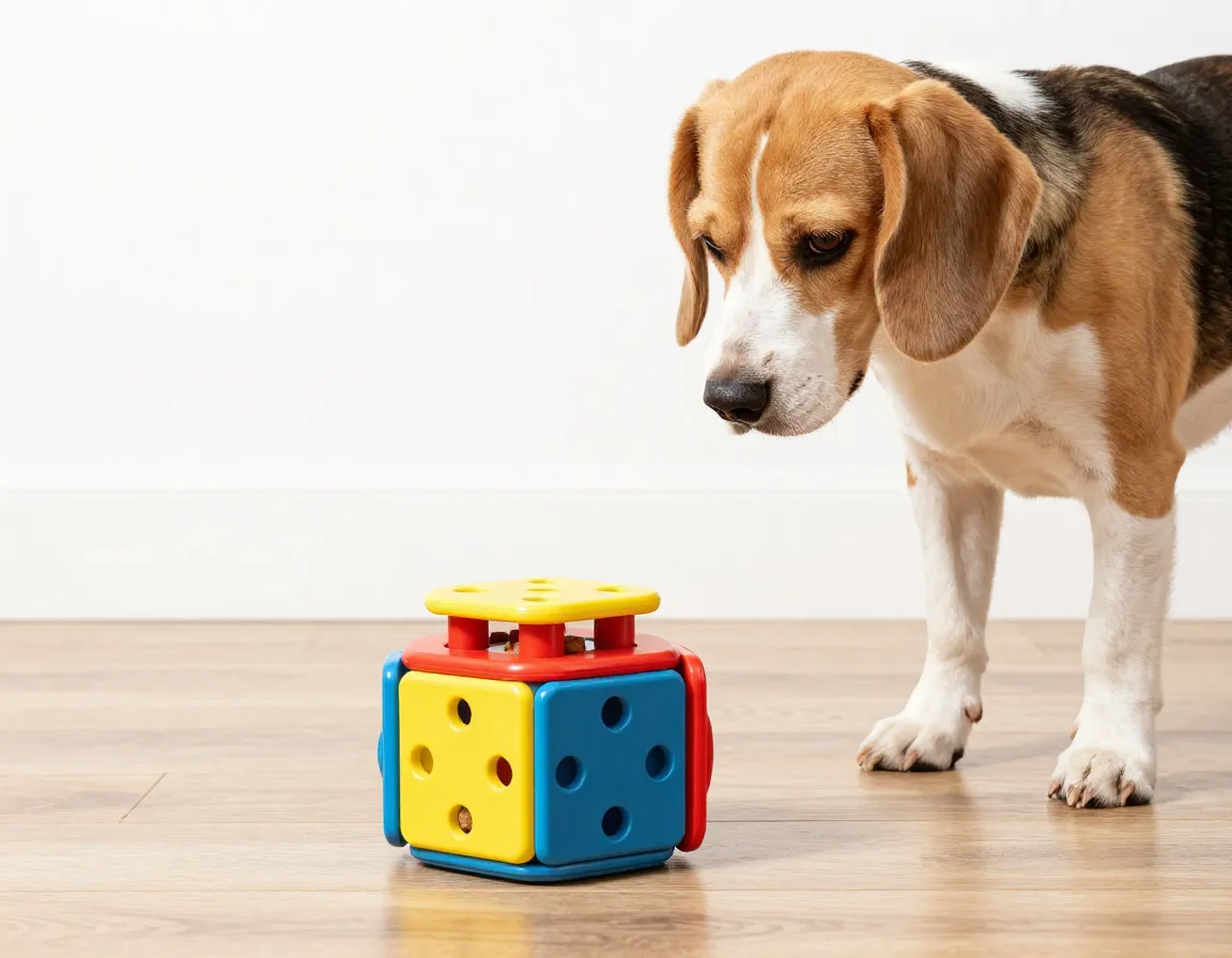 Beagle paw solving complex puzzle toy for treat on floor