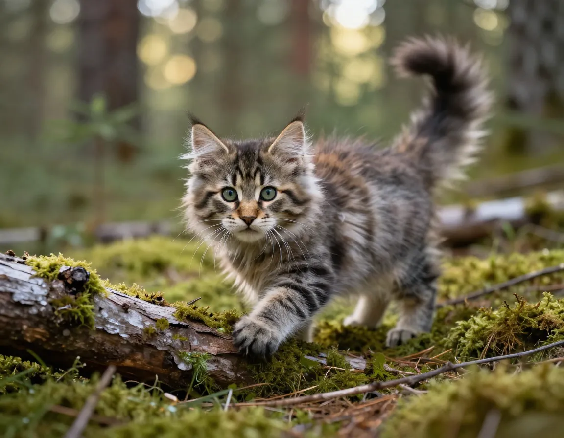 Norwegian forest cat kitten in natural outdoor setting