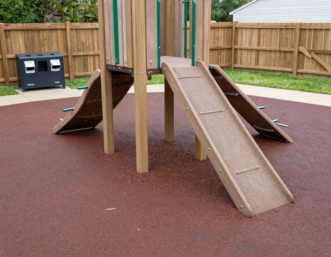 Rubber mulch surface under safe climbing structure in yard