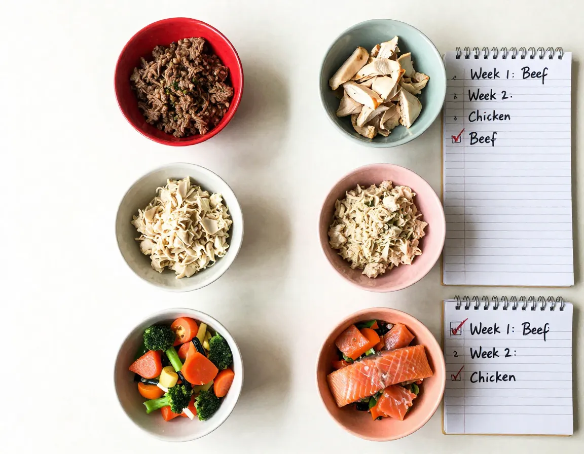 Weekly protein rotation recipe chart and ingredients