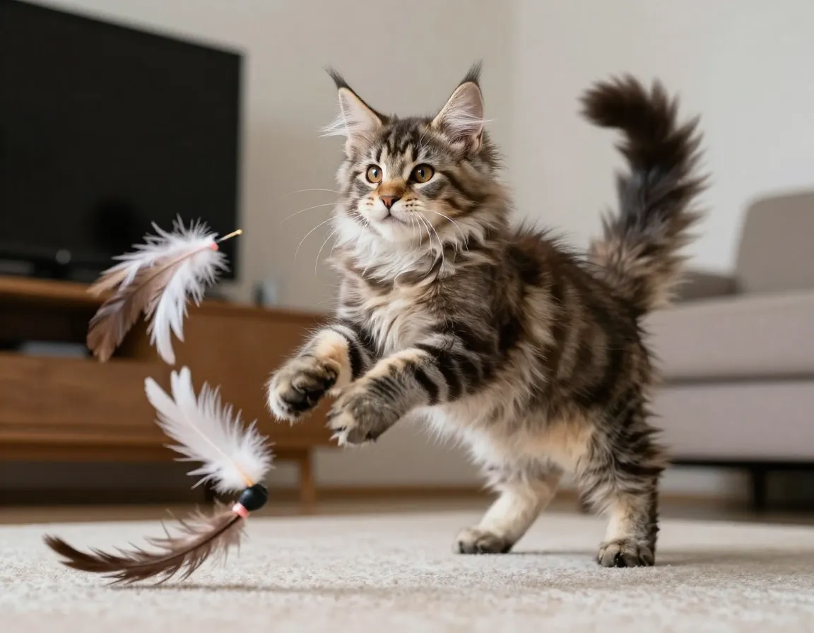 Athletic siberian kitten jumping towards a feather toy
