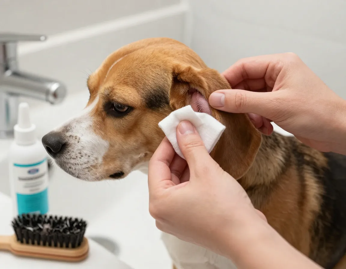 Closeup of beagle ear cleaning with solution and shedding brush