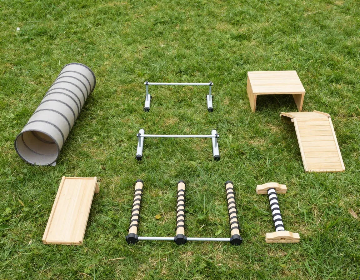 Modular playground components arranged for small puppy expansion
