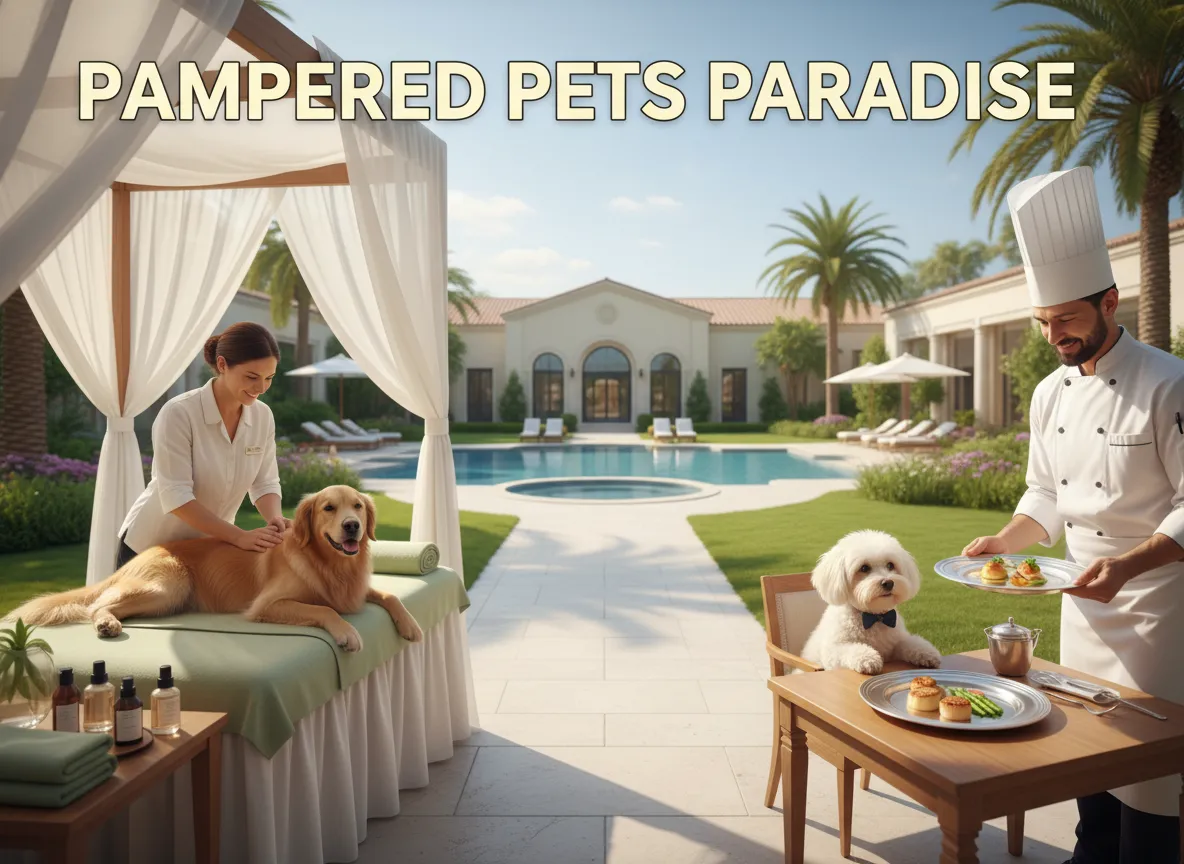 Aerial luxury resort courtyard dog spa gourmet pet dining sunlit