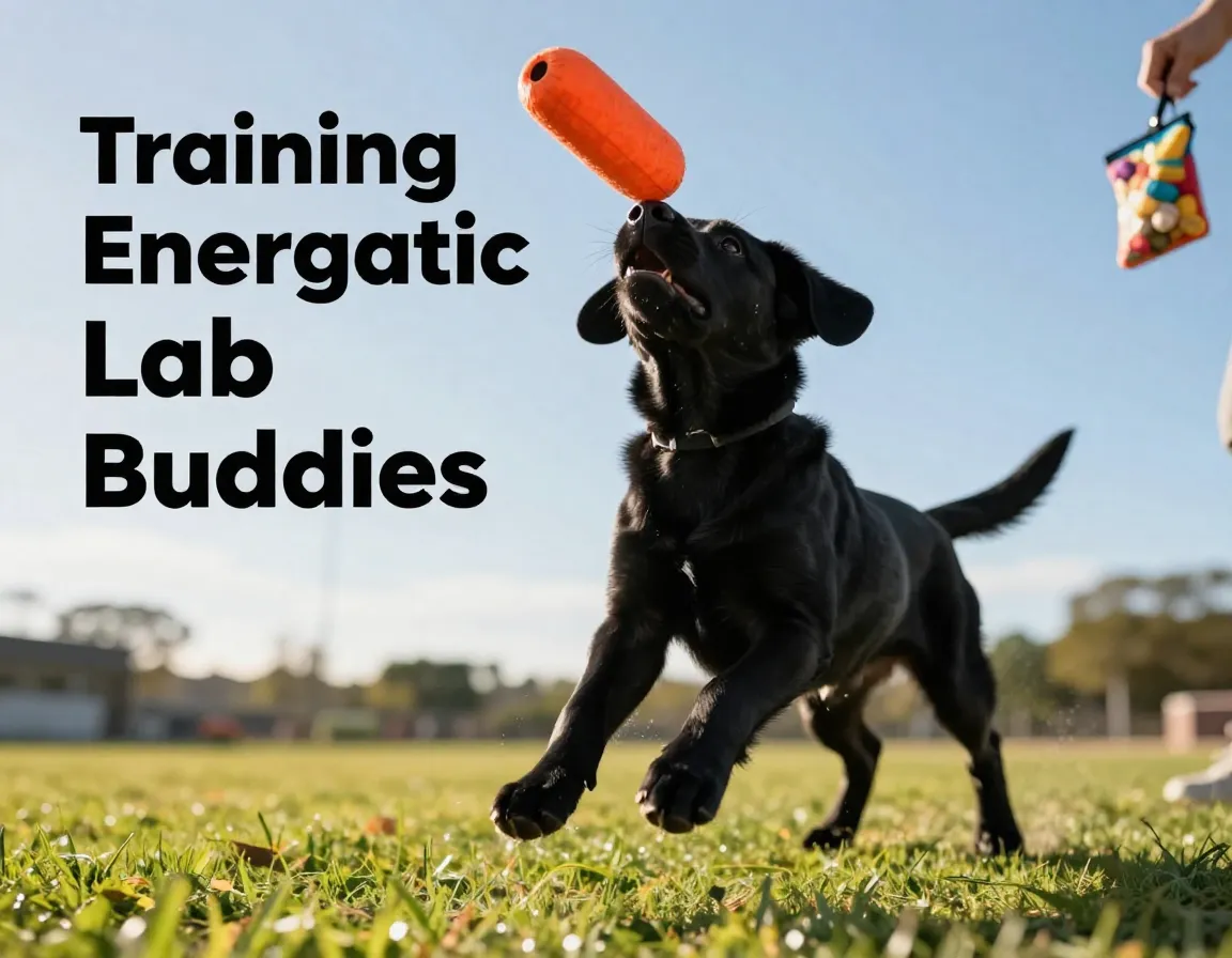 Black lab puppy leaping catch toy training sunny field