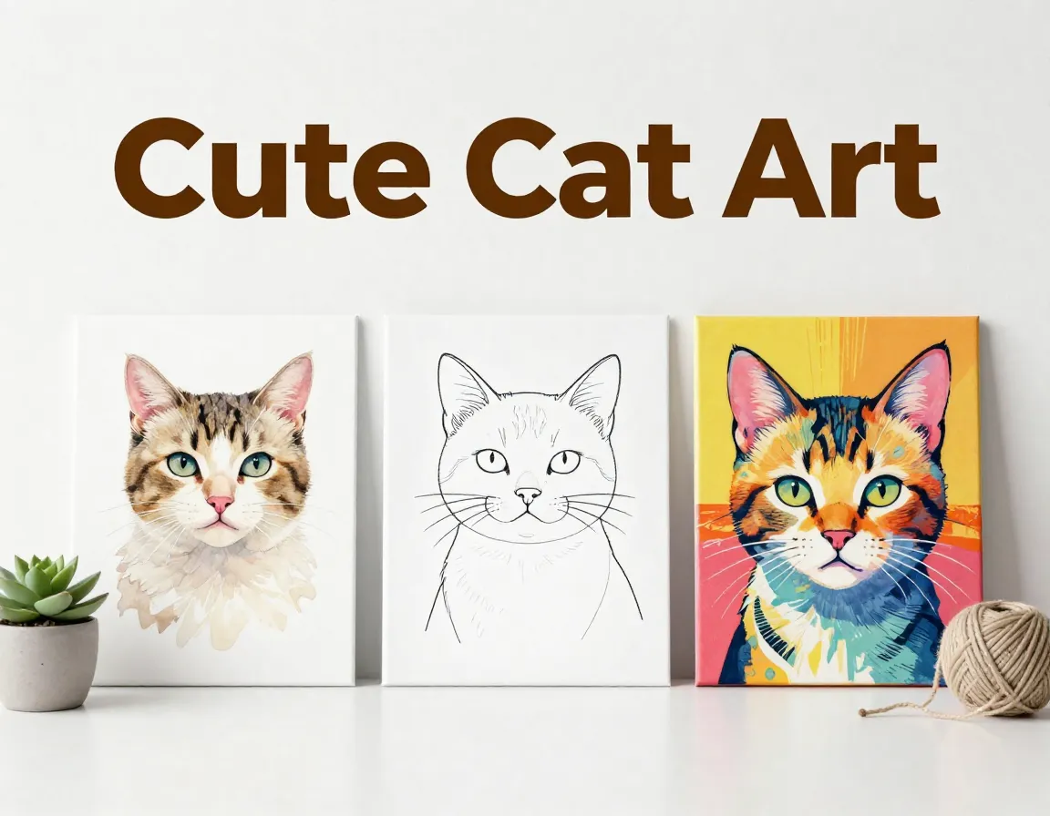 Cute cat art flat lay watercolor line pop art