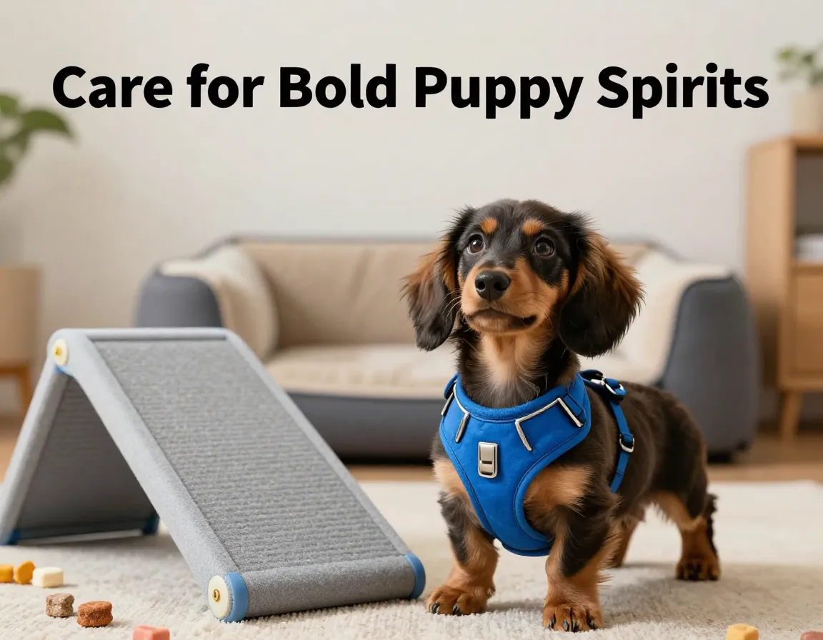 Tiny dachshund puppy blue harness ramp training caring environment