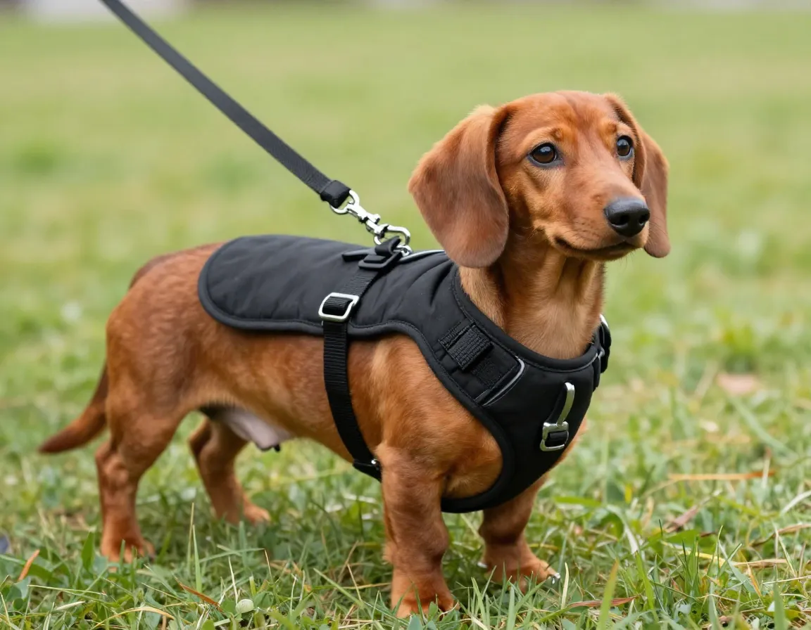 A red dachshund puppy wearing a padded front clip harness in a park