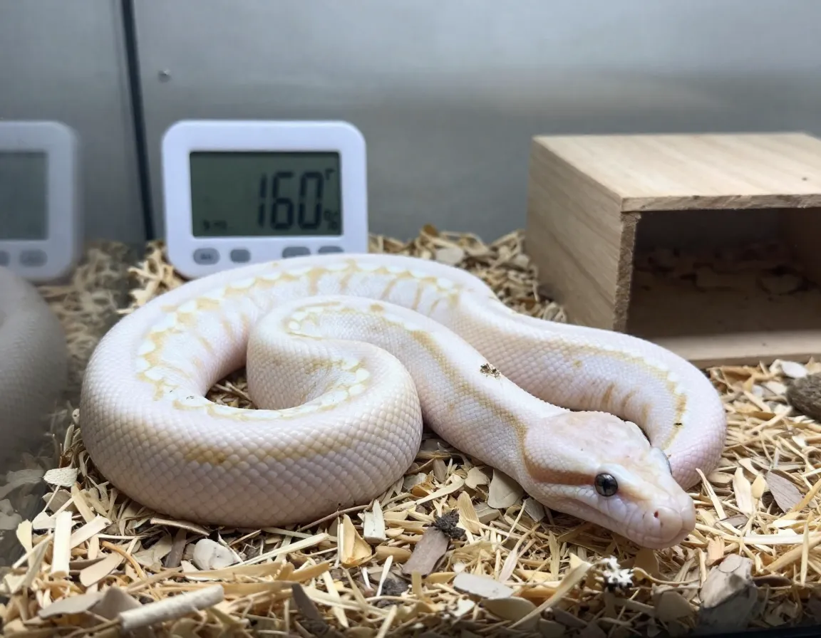 Close up ivory ball python in clean enclosure with thermometer