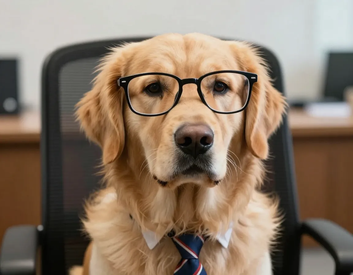 Office dog golden retriever in tie glasses bewildered expression