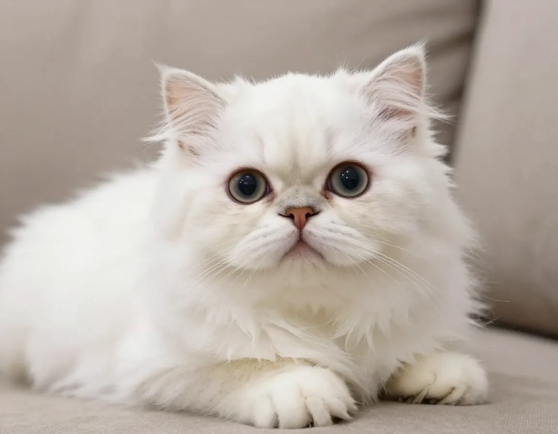 Persian kitten white fluffy coat large expressive eyes doll face lap