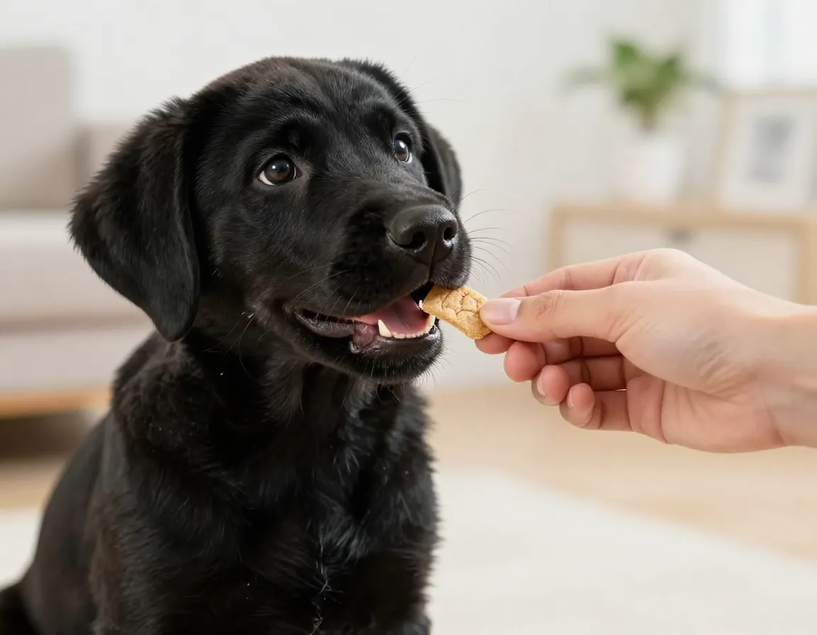Positive reinforcement techniques black lab puppy training treats praise