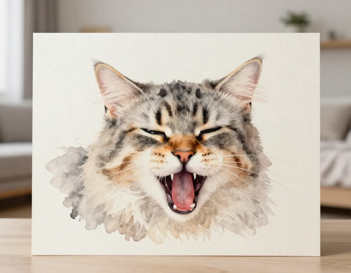 Watercolor tabby portrait on cream paper in soft gray orange hues