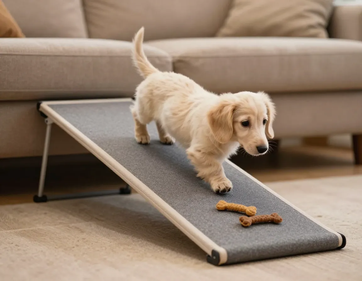 A cream longhaired dachshund puppy walking down a fabric ramp from a couch