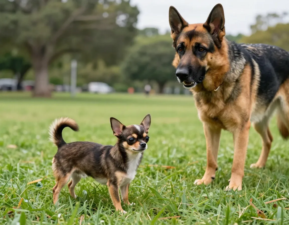 Chihuahua bravely confronting large dog in park