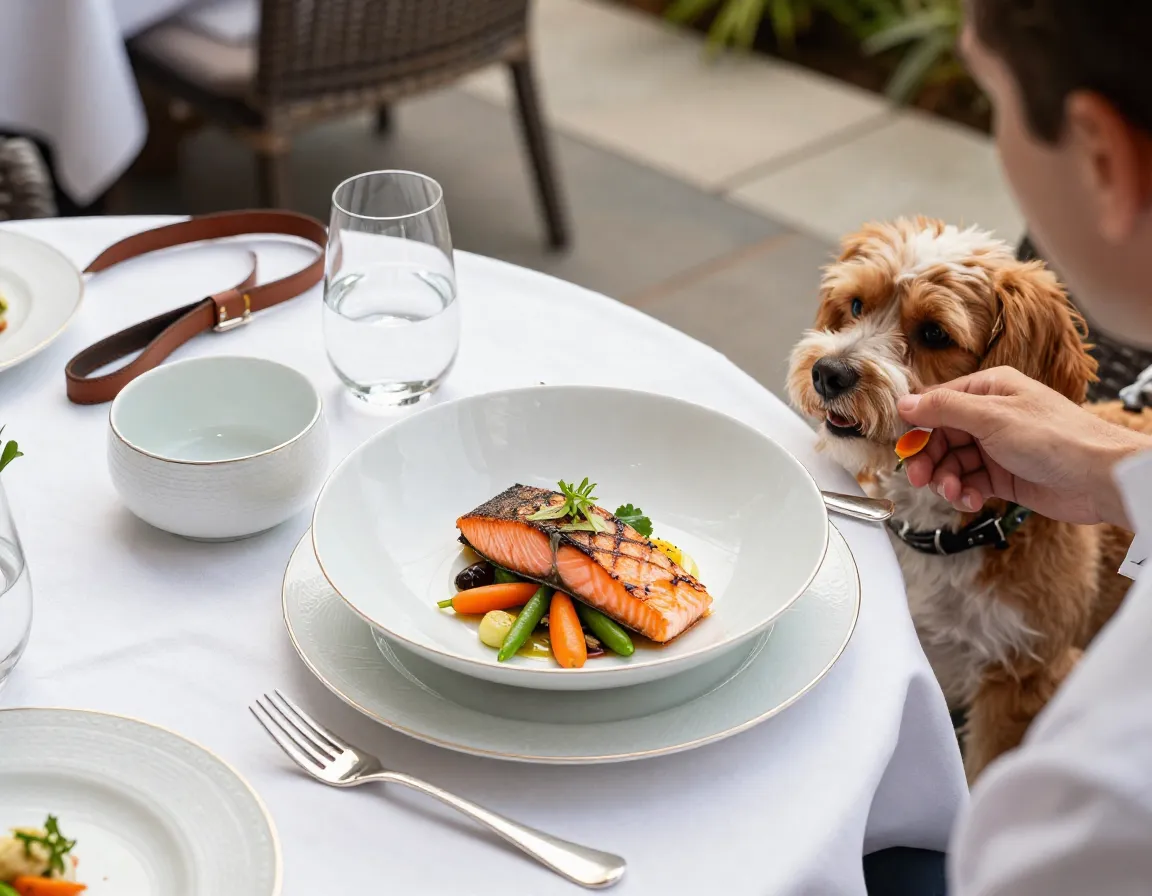 Gourmet chef prepared organic salmon meal fine china bowl pet restaurant terrace