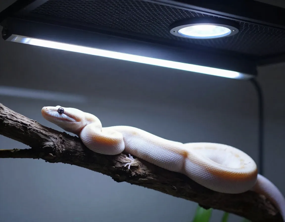 Ivory ball python illuminated by led and full spectrum lights