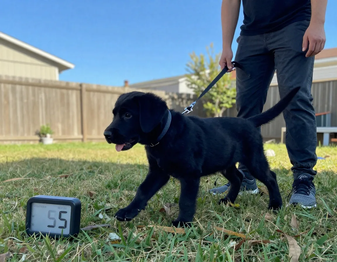 Short frequent training session energetic black lab puppy outdoors