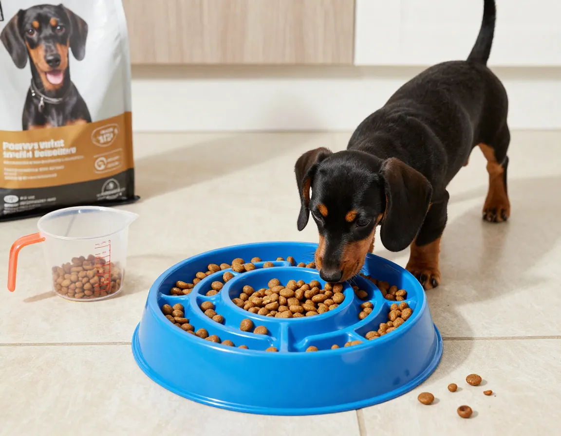A black and tan dachshund puppy eating from a slow feeder puzzle bowl