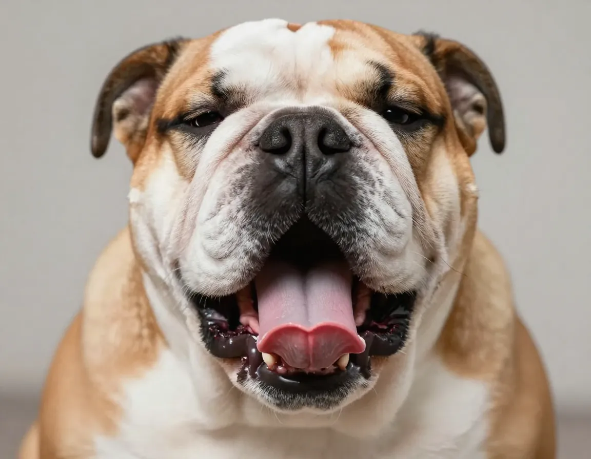 Bulldog mid yawn tongue spiral face contorted