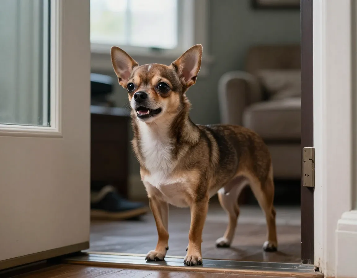 Chihuahua on protective alert by front window