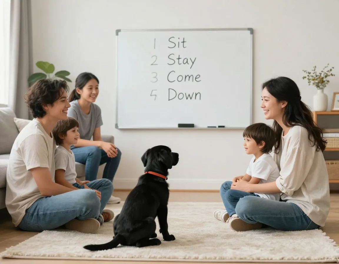 Consistent family training commands black lab puppy with kids