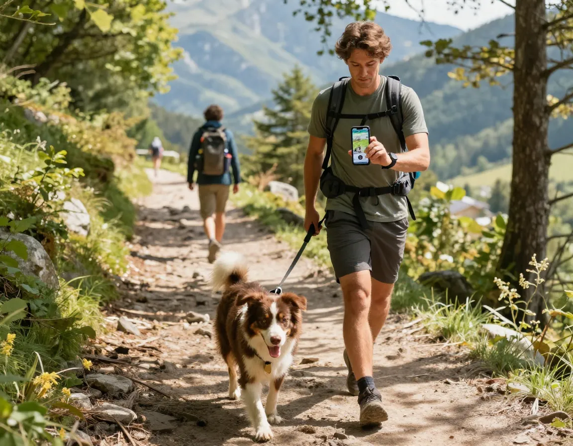 Professional dog walker gps tracker smartphone update scenic mountain trail hike