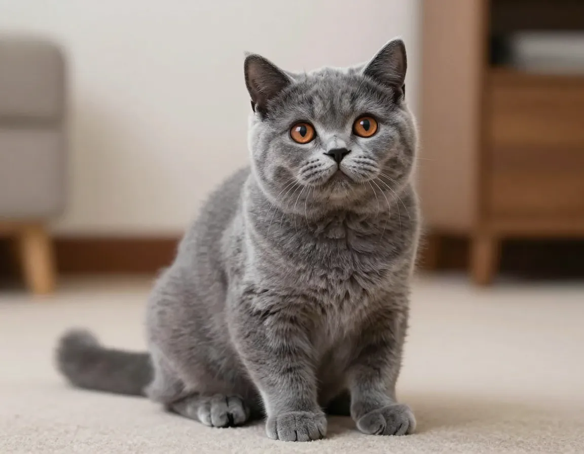 British shorthair kitten blue round face chubby cheeks plush fur floor