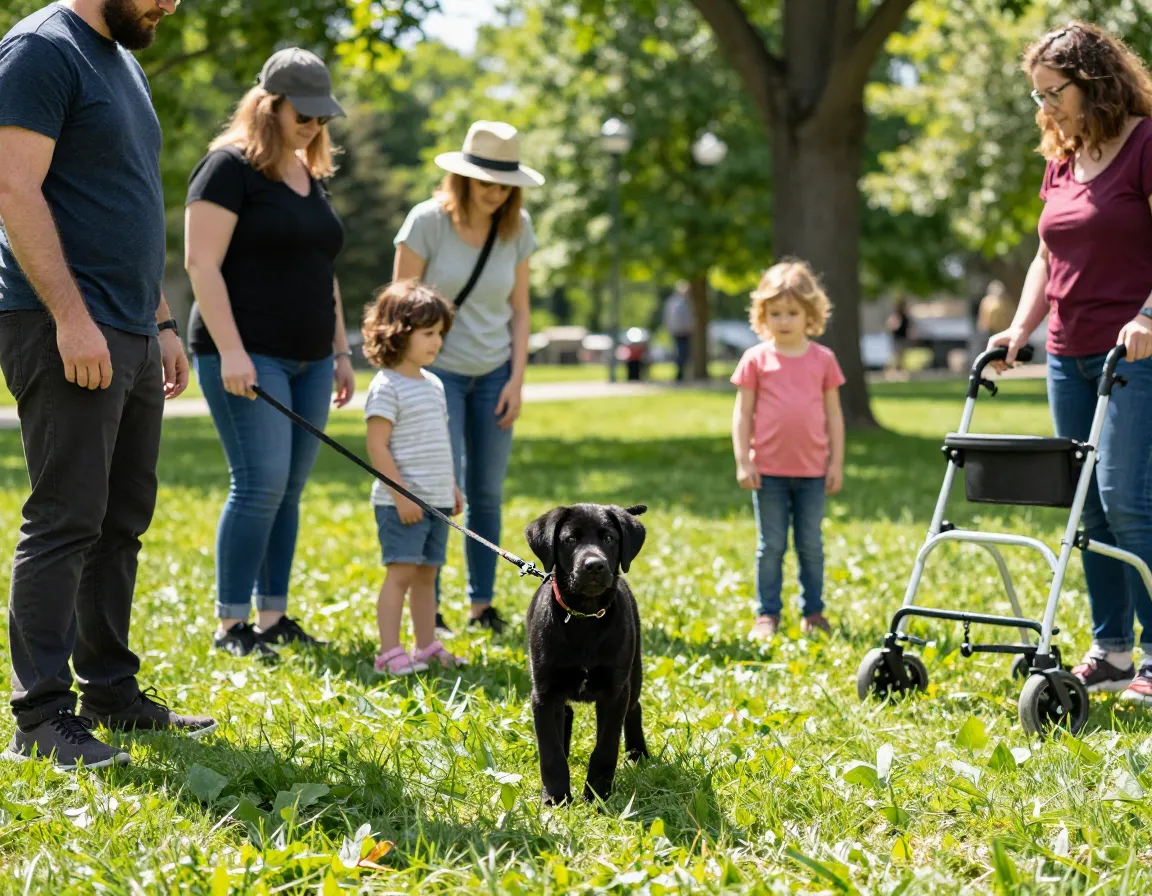 Early socialization black lab puppy encountering diverse people park