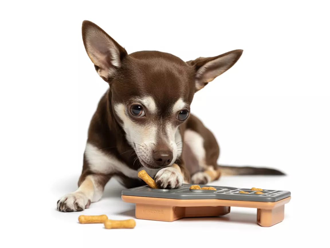 Intelligent chihuahua solving a puzzle feeder toy for a food reward