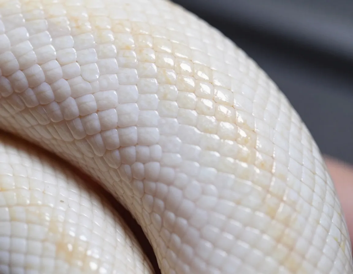 Macro shot of pristine white ivory ball python scale texture