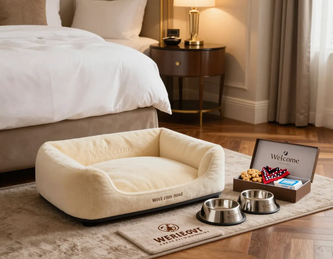 Personalized welcome package plush memory foam bed engraved bowls hotel suite