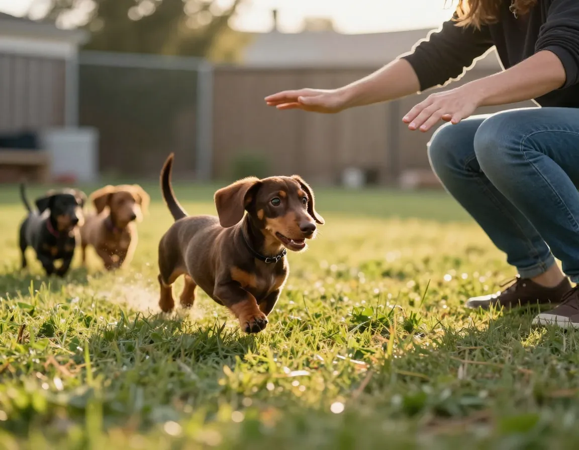 A chocolate dachshund puppy running towards its owner across a lawn