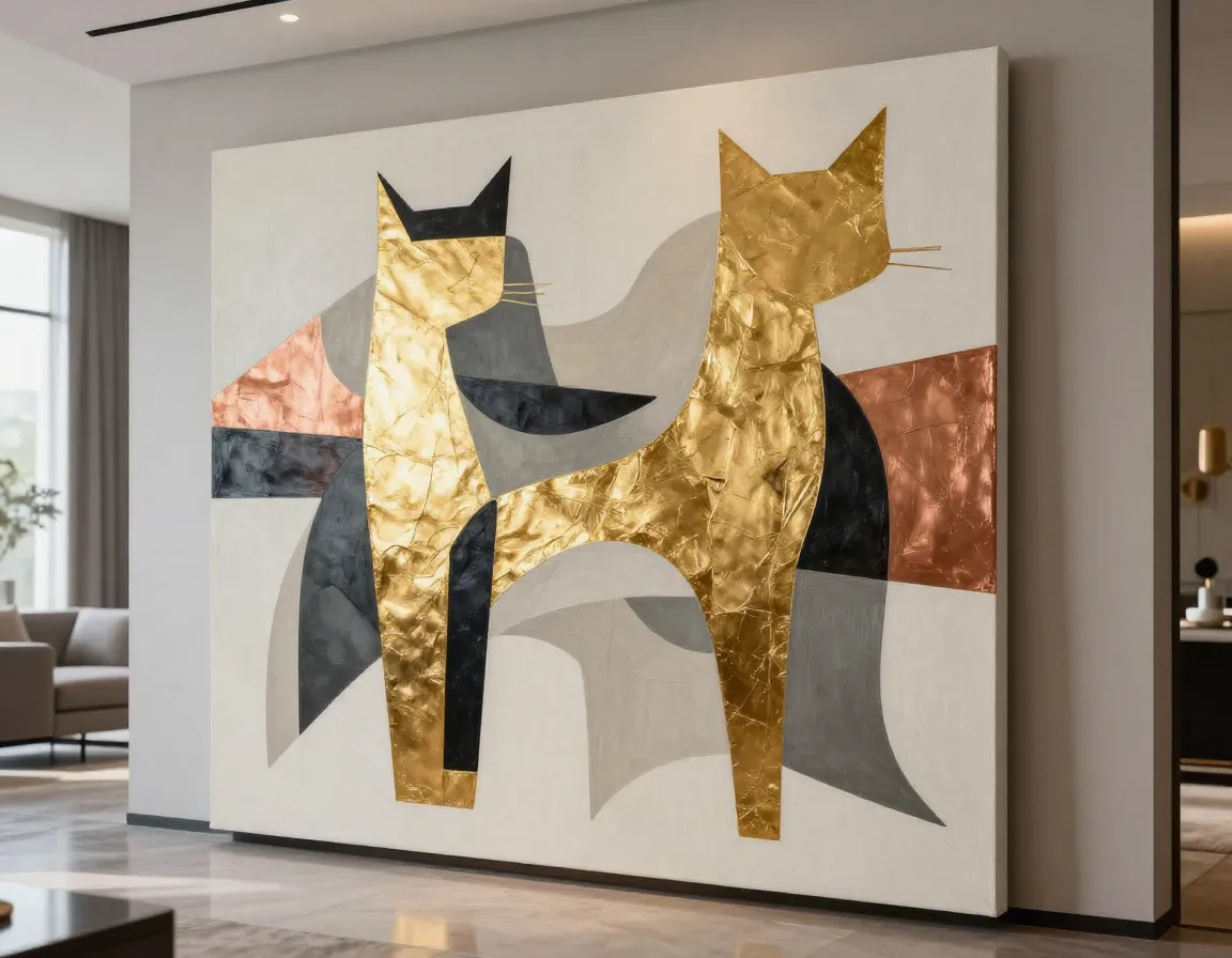 Abstract feline forms geometric shapes with metallic gold accents