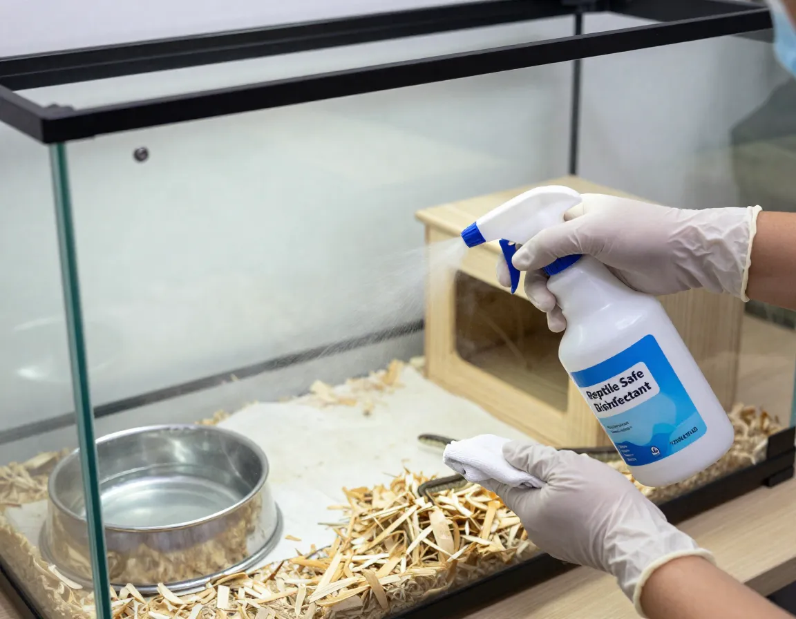 Gloved hands disinfecting empty glass ball python terrarium