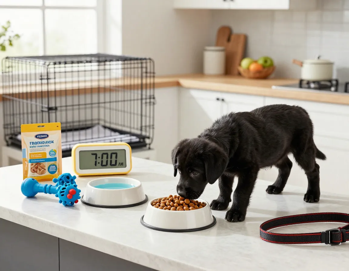 Predictable daily routine black lab puppy feeding crate play schedule