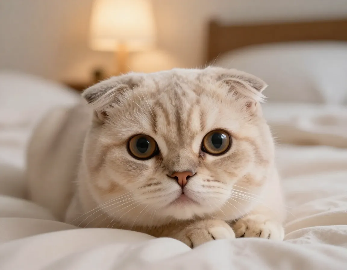 Scottish fold kitten folded ears round face large owl eyes bed
