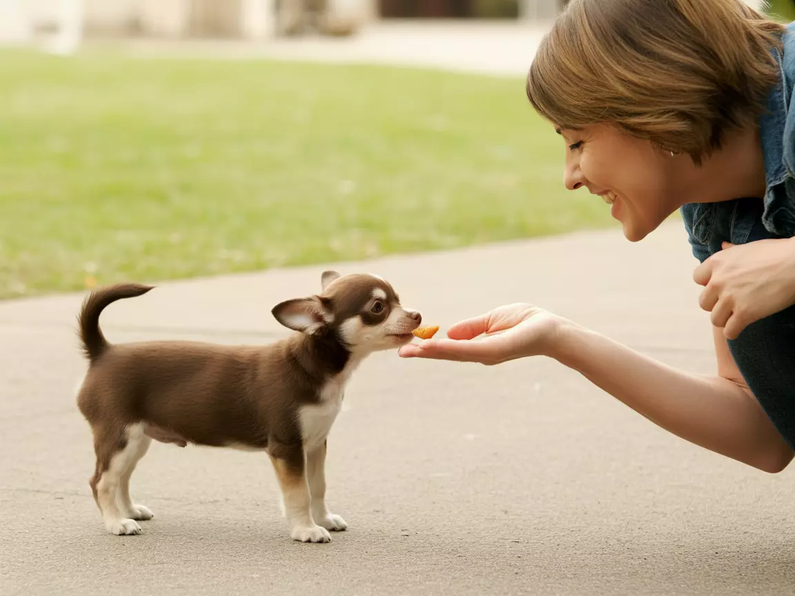 Social chihuahua puppy meeting a friendly new person in a calm setting
