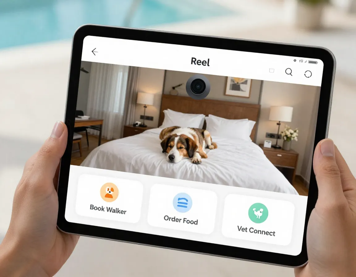 Tablet interface pet monitoring app real time camera feed room service booking