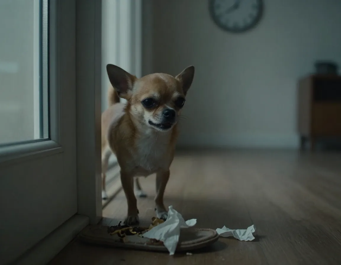 Anxious chihuahua alone with chewed slipper by door