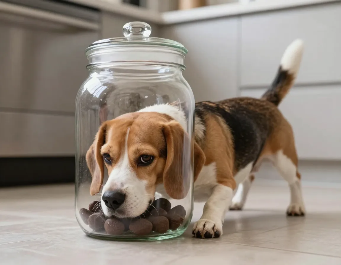 Beagle head stuck clear treat jar wagging tail