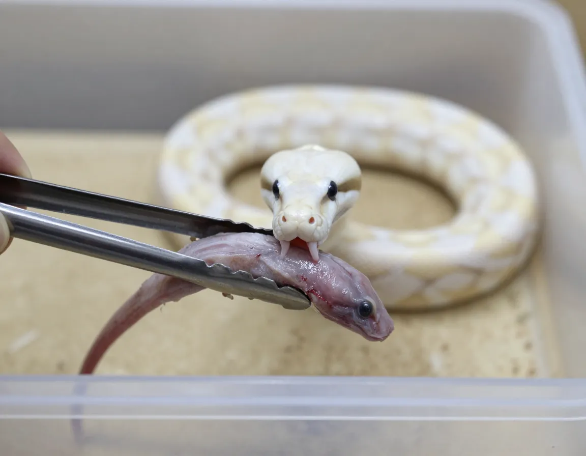 Feeding tongs offering prey to ivory ball python in tub