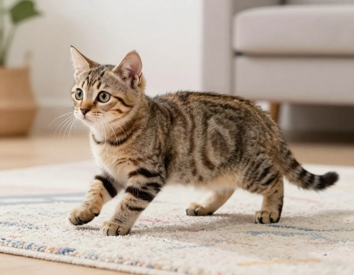 Munchkin kitten short legs tabby coat playful stance rug