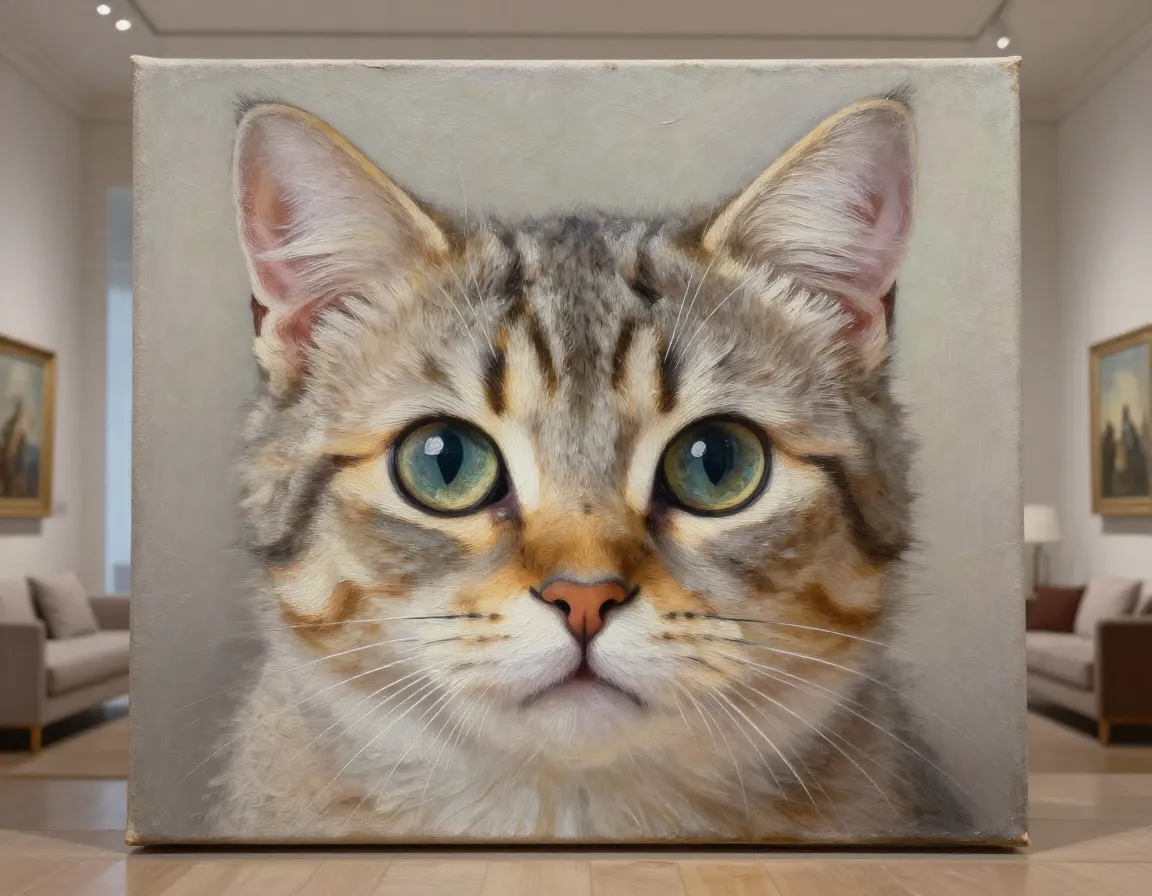 Photorealistic oil painting of detailed kitten portrait on canvas