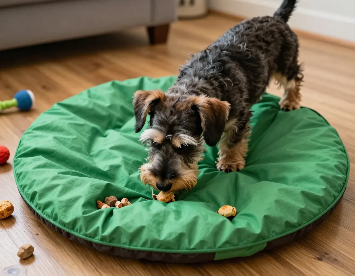 A wirehaired dachshund puppy sniffing a snuffle mat filled with hidden treats