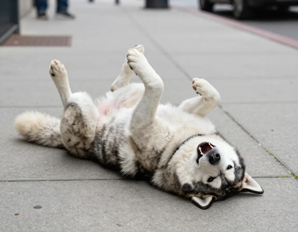 Husky dramatic tantrum sidewalk protest paws in air