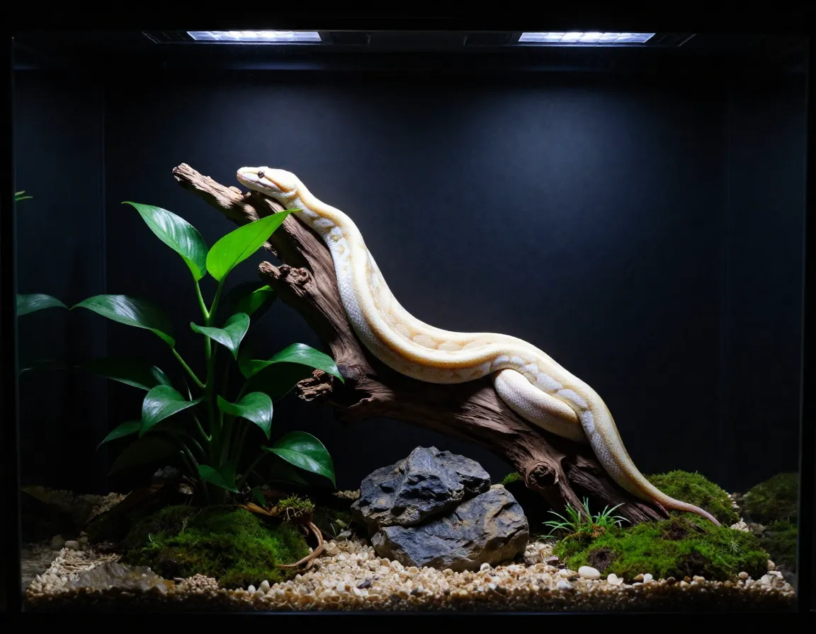 Ivory ball python in naturalistic terrarium with dark background